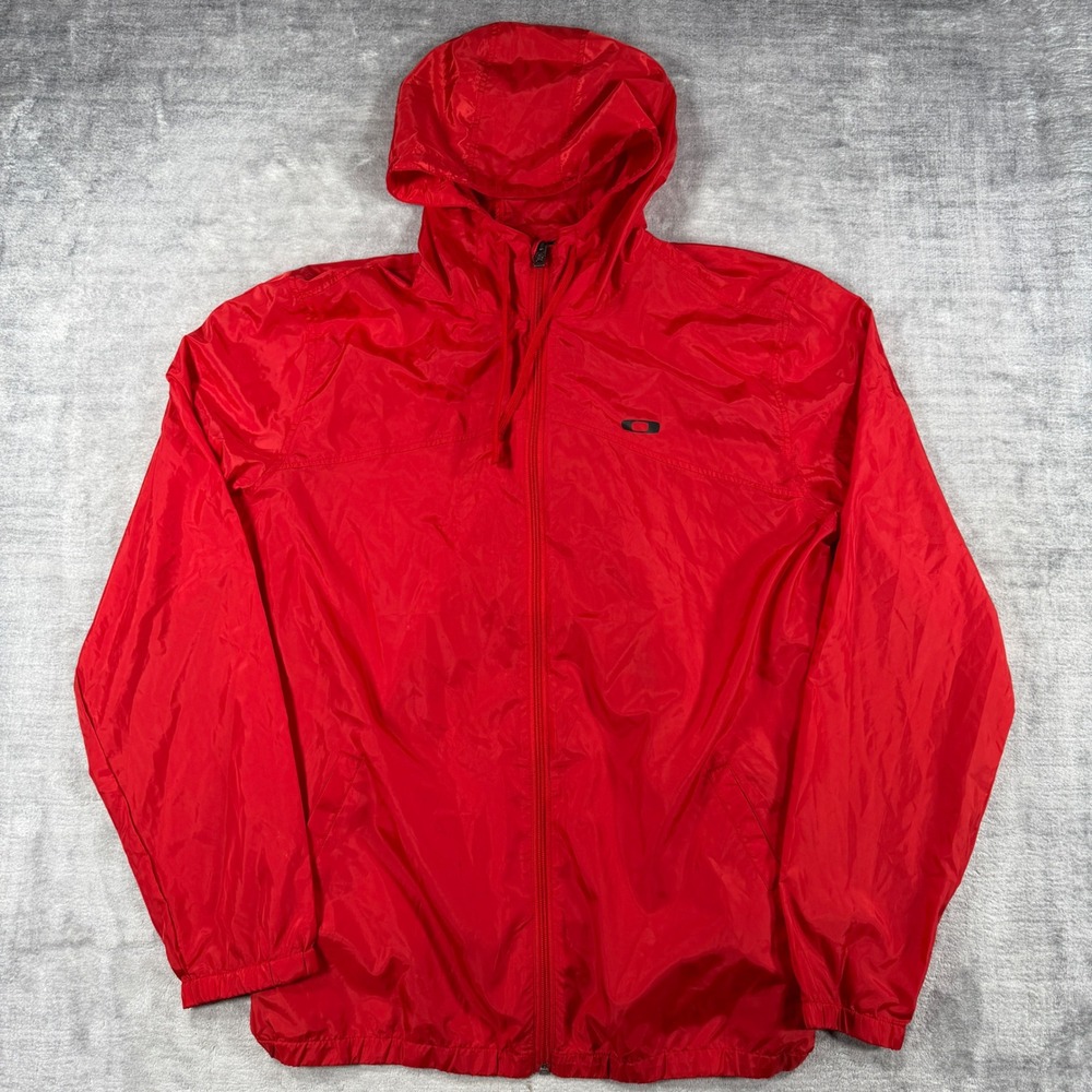Oakley Jacket Mens 2XL Red Hooded Full Zip Lightweight Hooded Windbreaker Y2K